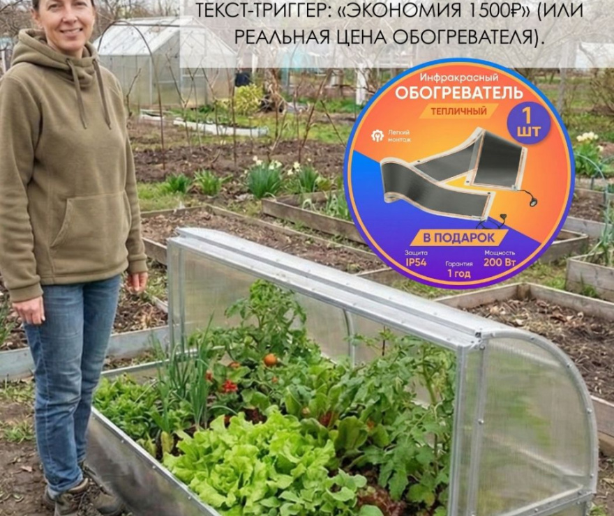 Парник Хлебница 2м в упаковке + обогреватель тепличный 200 Вт (розетка) + комплект поликарбоната